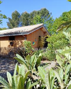 桑吉内Maison de vacances 2 chambres plages lac à 600m proche Dune du Pilat Océan dans propriété privée的花园中间的一座小木结构建筑