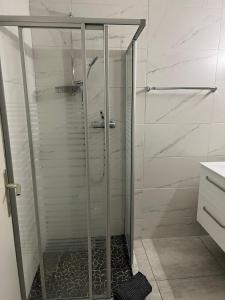 弗勒里耶Hotel Restaurant du Moulin的浴室里设有玻璃门淋浴