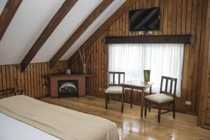 Alto del RobleHotel El Tirol的一间卧室配有一张床、一张桌子和一台电视