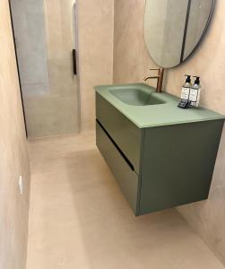 圣弗洛朗Hotel Résidence San Roccu的一间带绿色水槽和镜子的浴室
