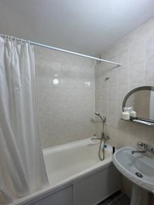 阿克托比Апартаменты в центре города的浴室配有淋浴帘和盥洗盆。
