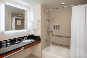 波士顿The Westin Boston Seaport District的浴室配有盥洗盆和带镜子的淋浴