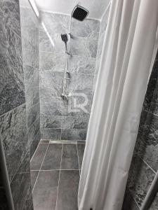 普里耶多尔Villa Dalmacija的带淋浴和浴帘的浴室