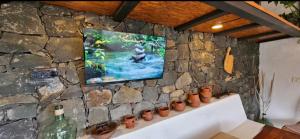 埃尔米瓜Casa Tajaraste的挂在石墙上的电视,在架子上挂着锅子