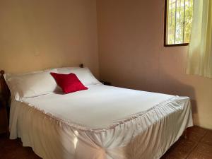 阿塔卡梅斯Cabañas Ecologicas Cayapas的一张白色的床,上面有红色枕头