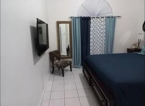 波特莫尔Mi Casa Comfort Estate的一间卧室配有蓝色的床和镜子
