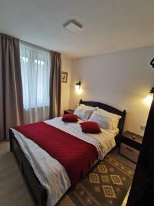 Sita BuzăuluiCABANA VALEA POPII的一间卧室配有一张带两个红色枕头的床