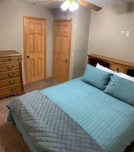 Mount NeboSummersville Lake Rd Cabin - Pet Friendly!的一间卧室配有蓝色的床和梳妆台