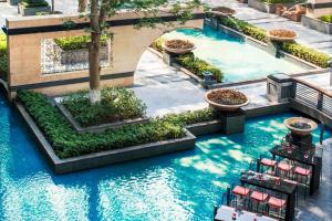 厦门厦门艾美酒店（位于城市公园之中，森林氧吧）的享有泳池美景,配有椅子