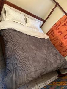 内罗毕Drish Haven的一张带棕色棉被和枕头的床