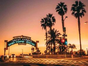 洛杉矶Seaside Retreat in Santa Monica, steps to the beach, free parking的一条种有棕榈树和交通灯的街道