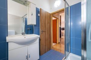 诺瓦利娅Apartments Valy Center Novalja的一间带水槽和淋浴的浴室