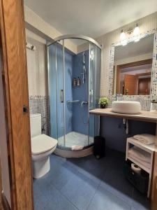 圣塞瓦斯蒂安乔琪纳酒店的带淋浴、卫生间和盥洗盆的浴室