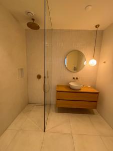 阿姆斯特丹Old South - Luxury Apartment的带淋浴、水槽和镜子的浴室