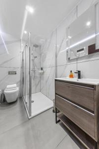 伦敦Serviced Golders Green Apartment near Camden London - 2的带淋浴、盥洗盆和卫生间的浴室