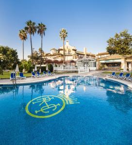 阿尔赫西拉斯全球雷纳克里斯蒂娜酒店的一个带蓝色椅子和棕榈树的大型游泳池