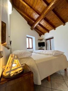 Grandola ed Uniti维奇亚克奥德利亚农家乐的一间卧室设有一张大床和木制天花板。