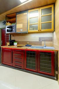 大特尔诺沃Studio77的一间带红色橱柜和水槽的厨房