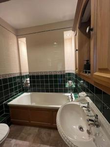 赫恩Rare & exclusive country cottage的带浴缸、盥洗盆和卫生间的浴室