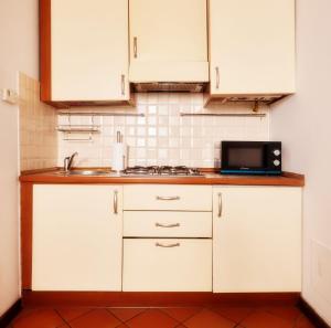皮亚琴察Il Lusso Della Semplicità的厨房配有白色橱柜、水槽和微波炉