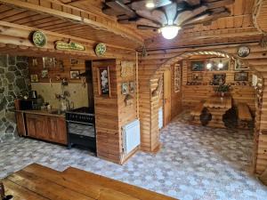 亚列姆切Гуцульська хата的小木屋内的厨房配有炉灶