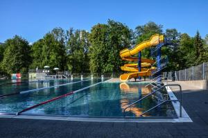 埃格Familienbauernhof Köss Schertler的一个带黄色水滑梯的游泳池