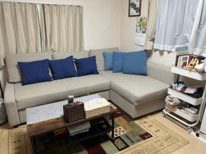 东京Naotoko Minpaku #HG1的客厅配有沙发和蓝色枕头。
