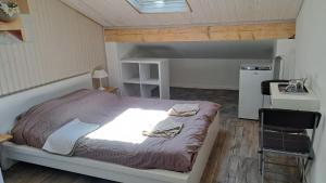 SongesonAux Lacs et Cascades的卧室配有1张床、1张桌子和1把椅子