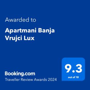 Apartmani Banja Vrujci Lux的证书、奖牌、标识或其他文件