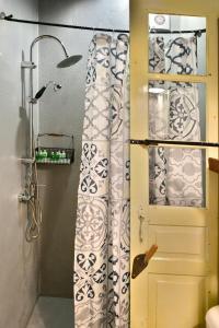 伊兹拉马斯托里斯旅馆的门旁带浴帘的浴室