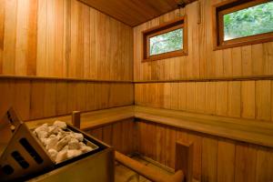 圣安东尼奥-杜皮尼亚尔VELINN Pousada Highland的一间设有两扇窗户的桑拿浴室