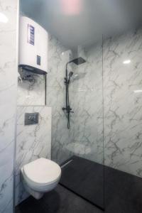 第比利斯A-Y Apartments P A4的一间带卫生间和玻璃淋浴间的浴室