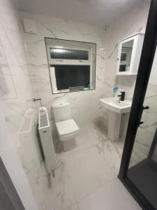 剑桥Blissful 1-bedroom entire place的白色的浴室设有卫生间和水槽。