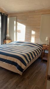 塞罗别墅卡斯蒂略QUELEN PATAGONIA的一间卧室配有一张带条纹毯子的大床