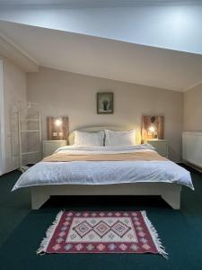 第比利斯Madera Hotel的一间卧室配有一张红色地毯的大床