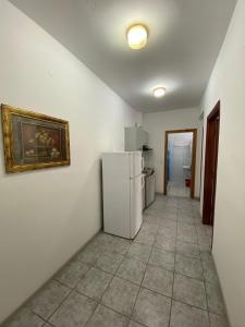奥林匹亚基·阿克蒂Villa Ilias的厨房配有冰箱,墙上挂有绘画作品