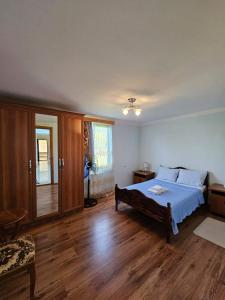 SamtrediaBlue Guest House的一间卧室设有一张大床,铺有木地板。