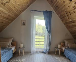 SierpnicaSierPlejs Hill - domek przy szlaku w Górach Sowich的一间卧室设有两张床和窗户。