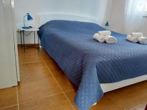 斯顿Kuća za odmor >Maro<的一间卧室配有蓝色的床和2条毛巾
