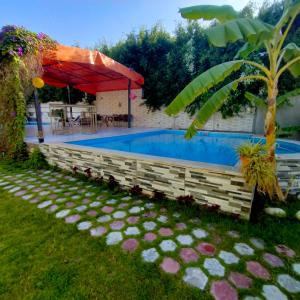 Qaryat ShākūshTwo pools private villa for families.的一个带红色遮阳伞的庭院内的游泳池