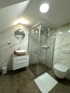 杜布罗夫尼克Apartman Mama Marija的带淋浴、卫生间和盥洗盆的浴室