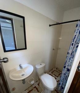 巴兰基亚Hotel Rancho Grande的一间带卫生间、水槽和镜子的浴室