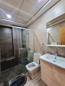 纳祖尔Hotel Residence Ramsis的带淋浴、卫生间和盥洗盆的浴室