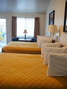 布鲁金斯野河汽车旅馆的酒店客房带两张带黄床单的床