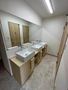 富士河口湖可可度假屋的一间带两个盥洗盆和大镜子的浴室