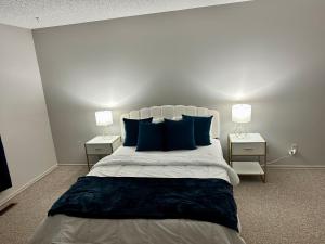 埃德蒙顿Cozy private room in Edmonton的一间卧室配有一张带蓝色枕头的大床