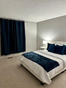 埃德蒙顿Cozy private room in Edmonton的一间卧室配有一张带蓝色枕头的大床