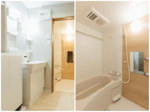 熊本YOUR ROOM Kumamoto Sta little 201 Vacation STAY 75222的浴室两张图片,配有浴缸和水槽