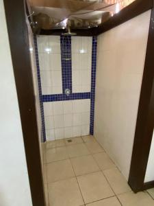 Port-OlrySerenity Bungalows的浴室设有蓝色和白色瓷砖淋浴。