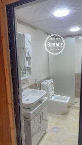 瓦迪拉姆Wadi rum Bubble luxury camp的白色的浴室设有水槽和卫生间。